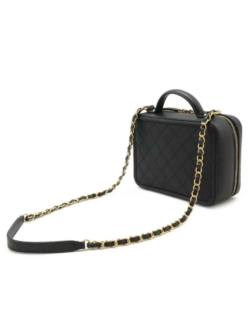 Chanel CC Filigree Quilted Vanity Case Handbag 2-Way Chain Shoulder Caviar